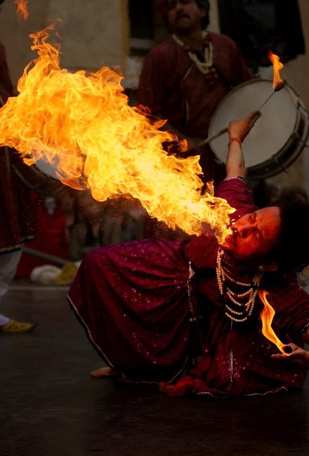 Fire breathing "Jaipur Maharaja Brass Band" Chassepierre Belgium. Photo by Luc Viatour