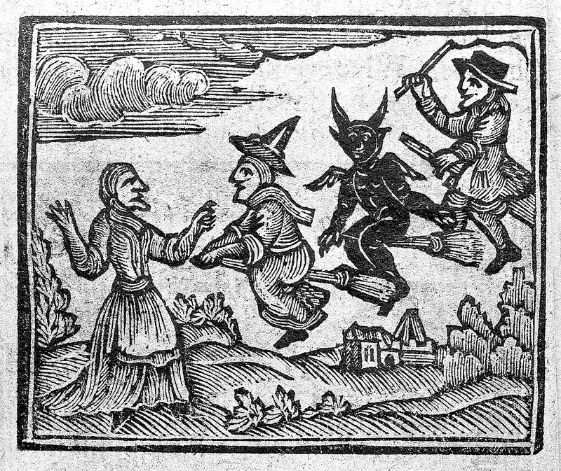 Woodcut of witches from The History of Witches and Wizards, 1720